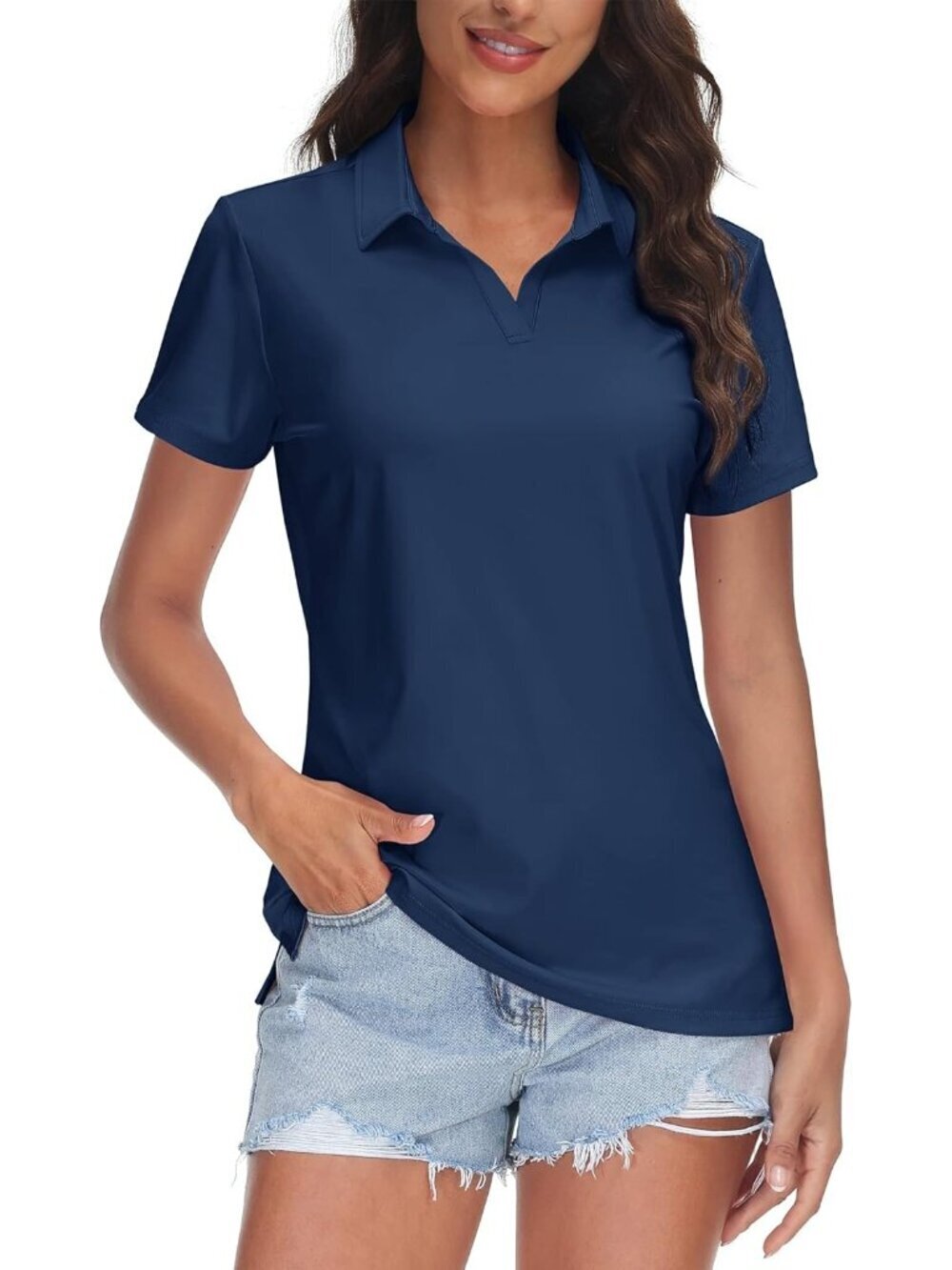 Women's 02-navy -Neck Polo Shirt UPF 50+ Quick Dry Sun Protection Top for gym
